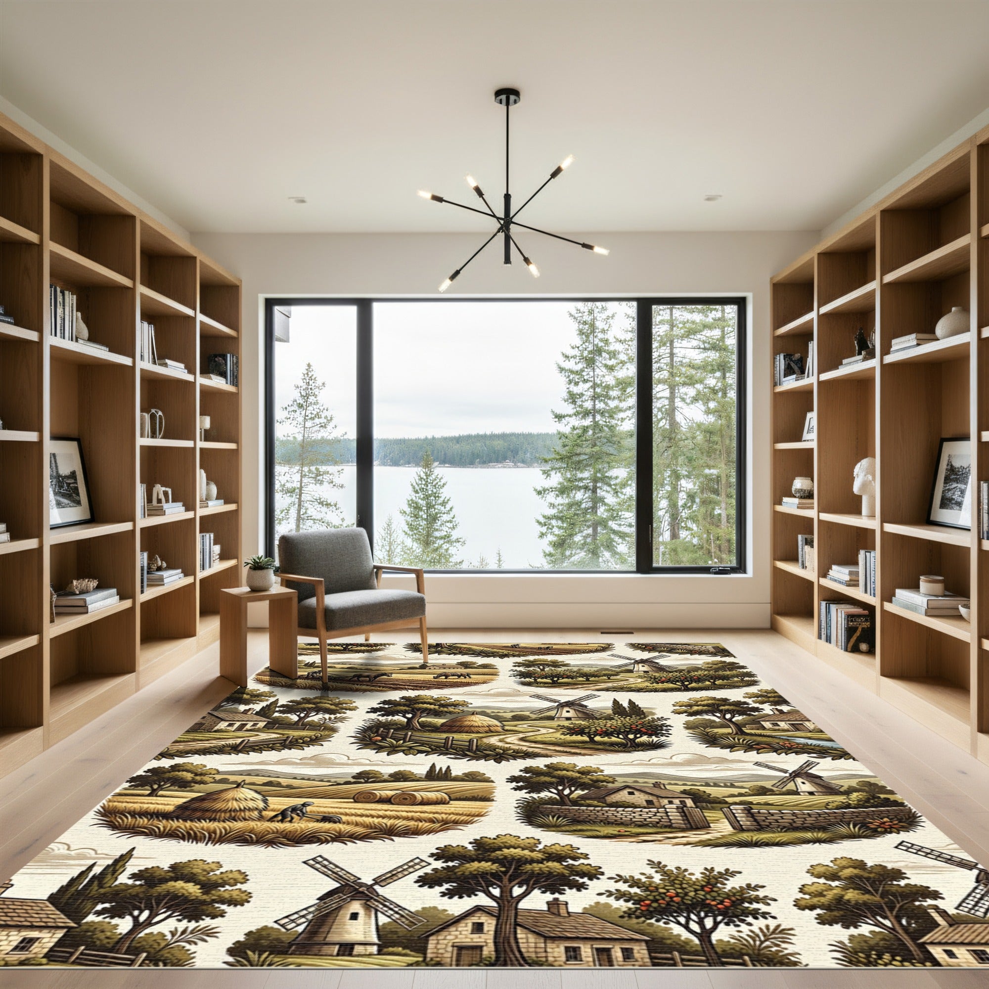 Old World Farmhouse Landscape Scene Rug
