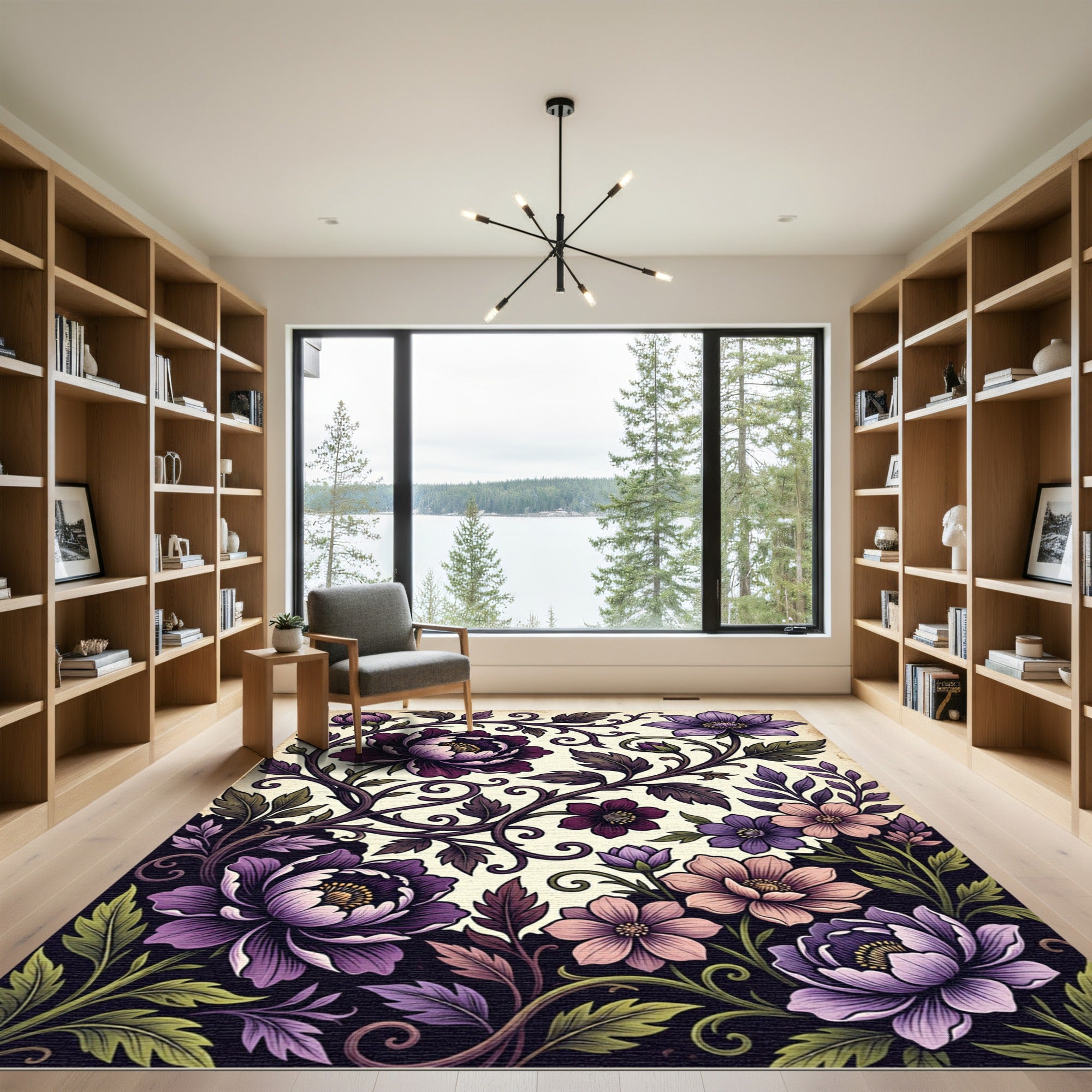 Elegant Purple Peony Scrolling Botanical Art Rug