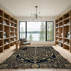 Ornate Black Gold Floral Damask Medallion Rug
