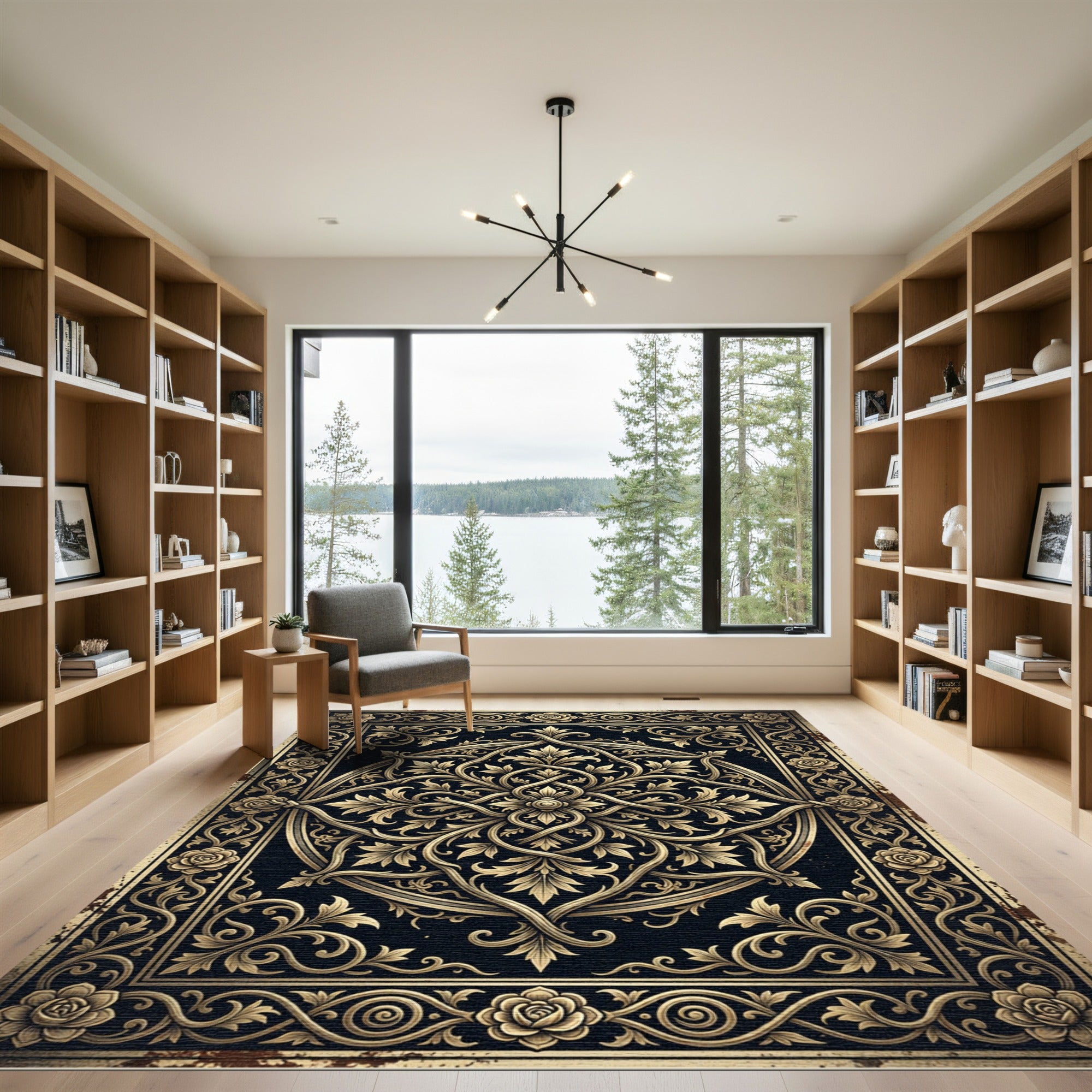 Ornate Black Gold Floral Damask Medallion Rug