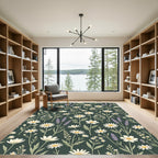 Dark Forest Botanical Daisy Lavender Bloom Rug