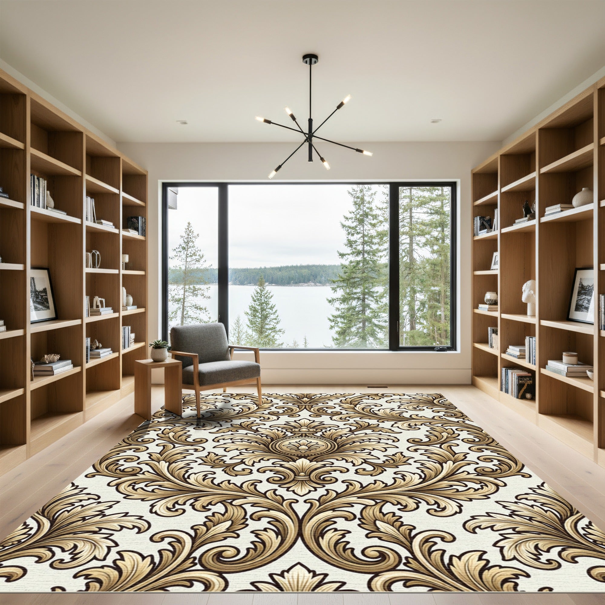 Elegant Gold Baroque Damask Scroll Rug