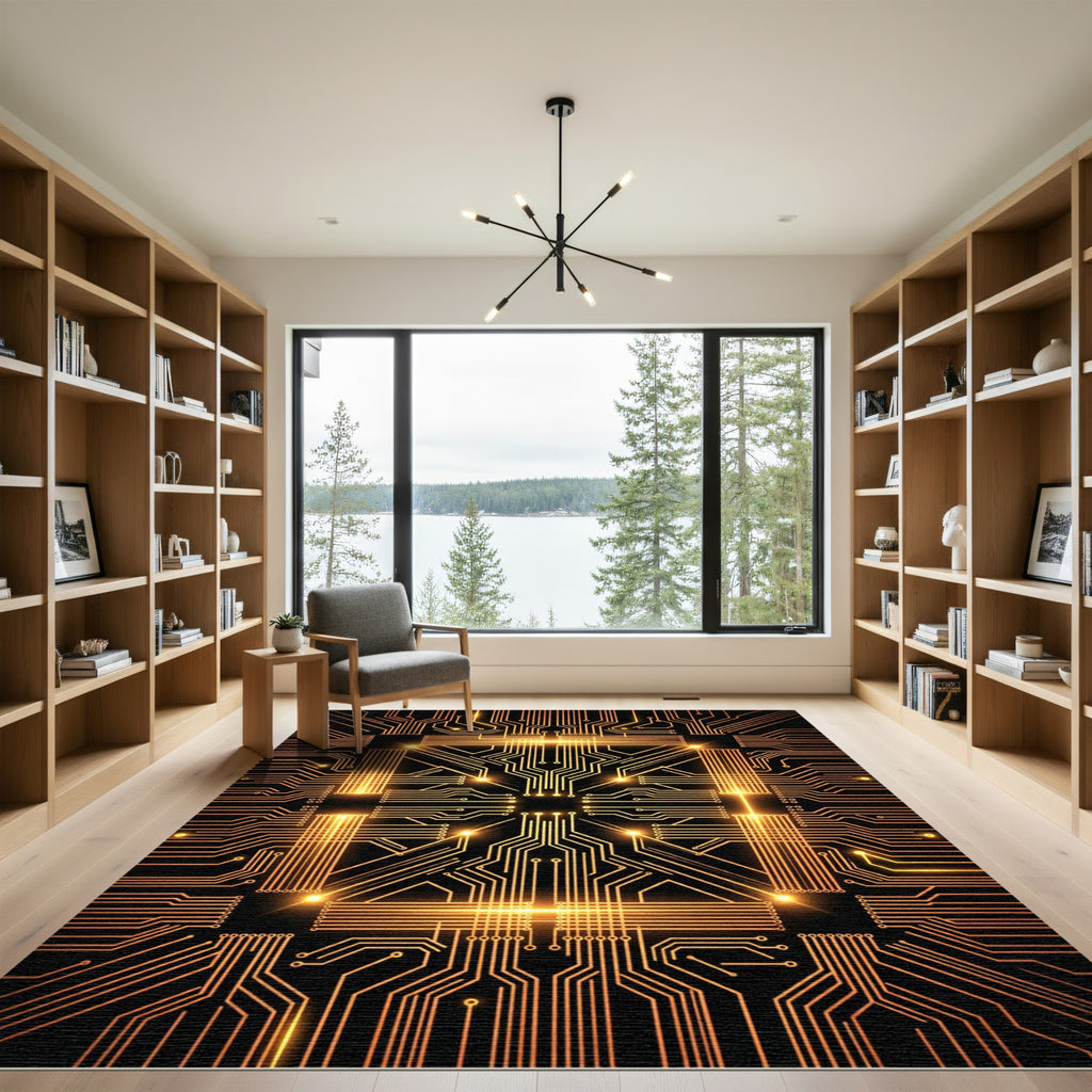 Glowing Orange Circuit Board Lines Rug