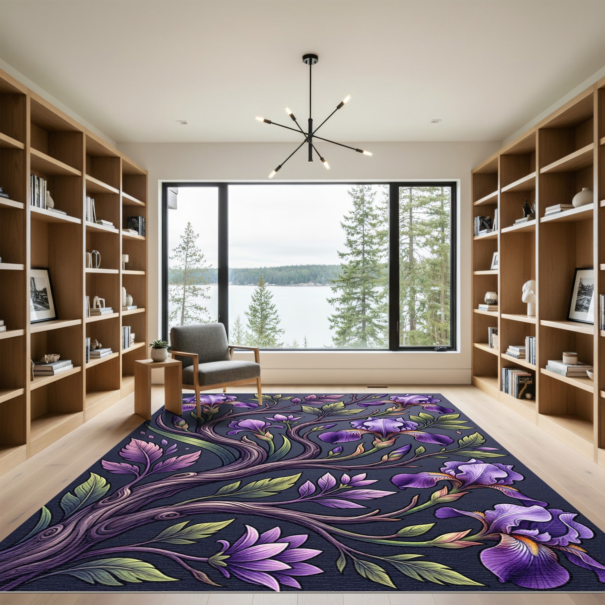 Elegant Purple Iris Floral Branches Rug