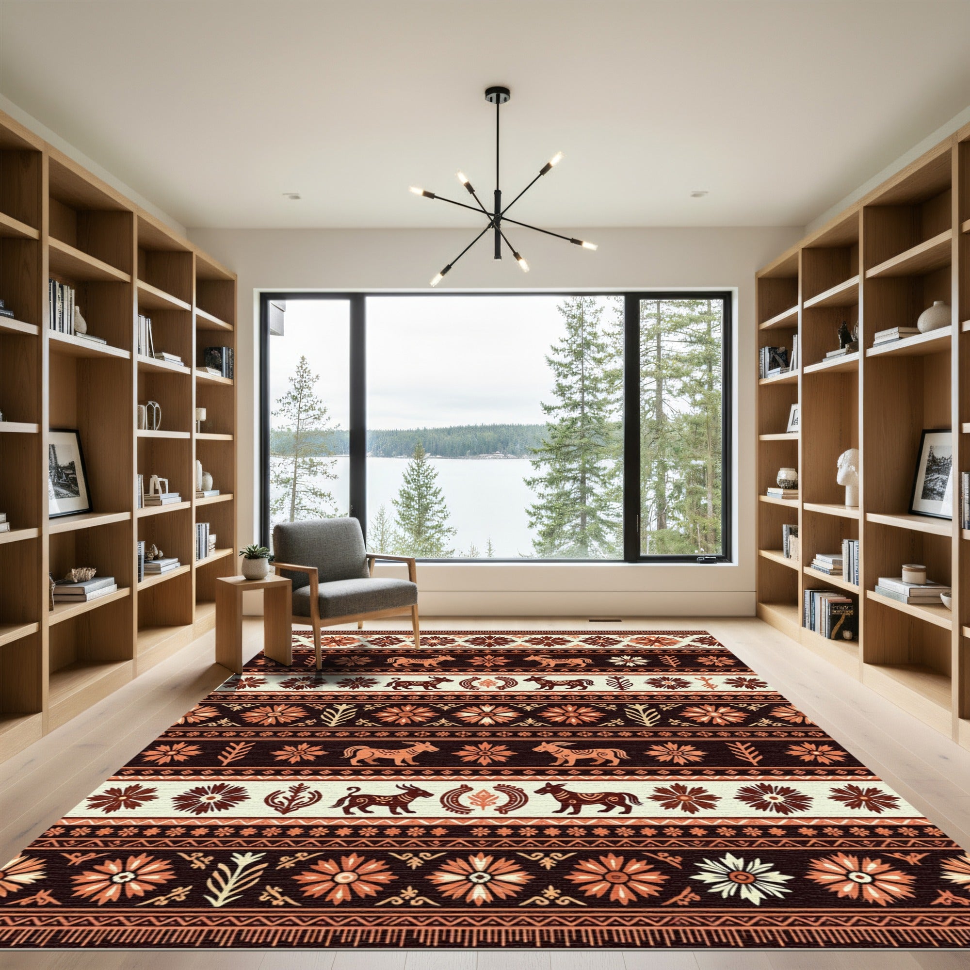 Earthy Terracotta Folk Floral Animal Stripe Rug