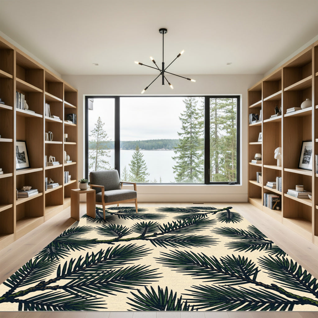 Earthy Deep Green Pine Needle Branch Rug