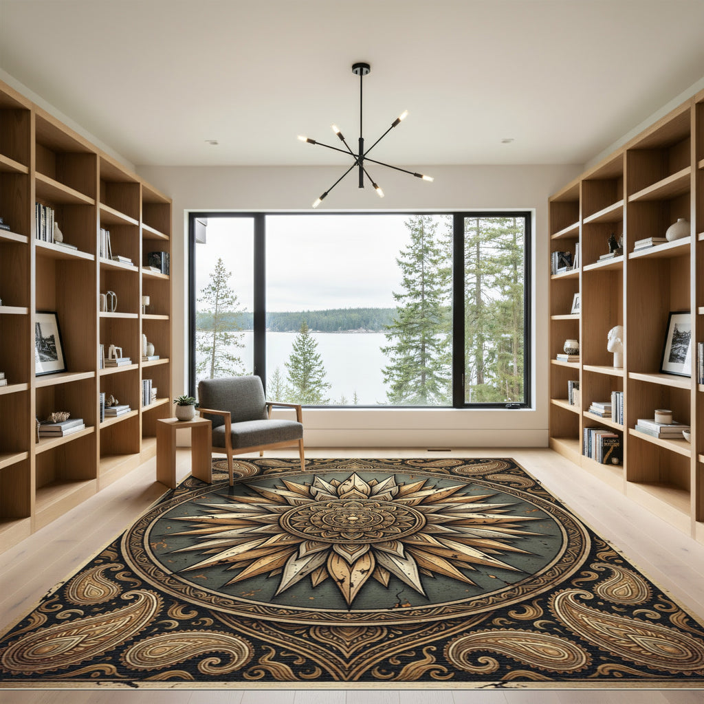 Golden Sunburst Mandala Earthy Accent Rug