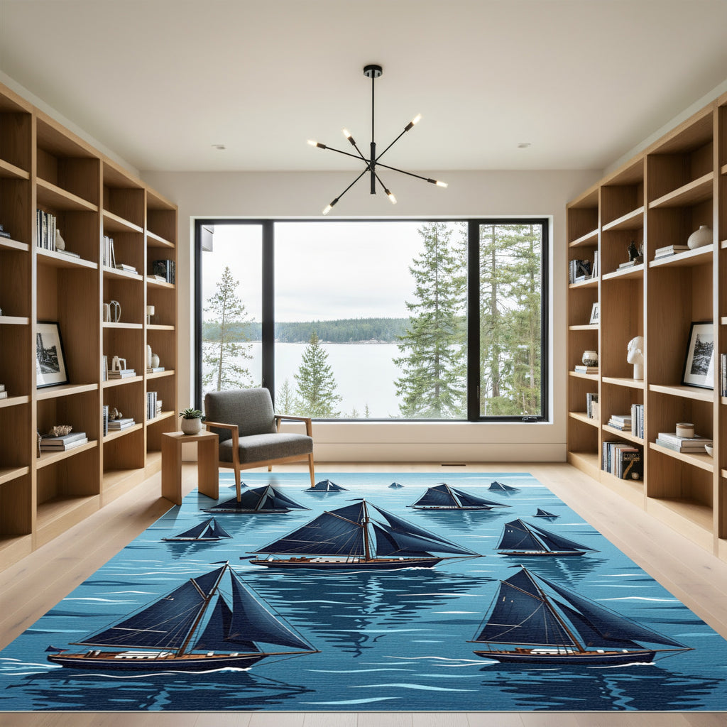 Navy Nautical Sailboat Maritime Scene Rug