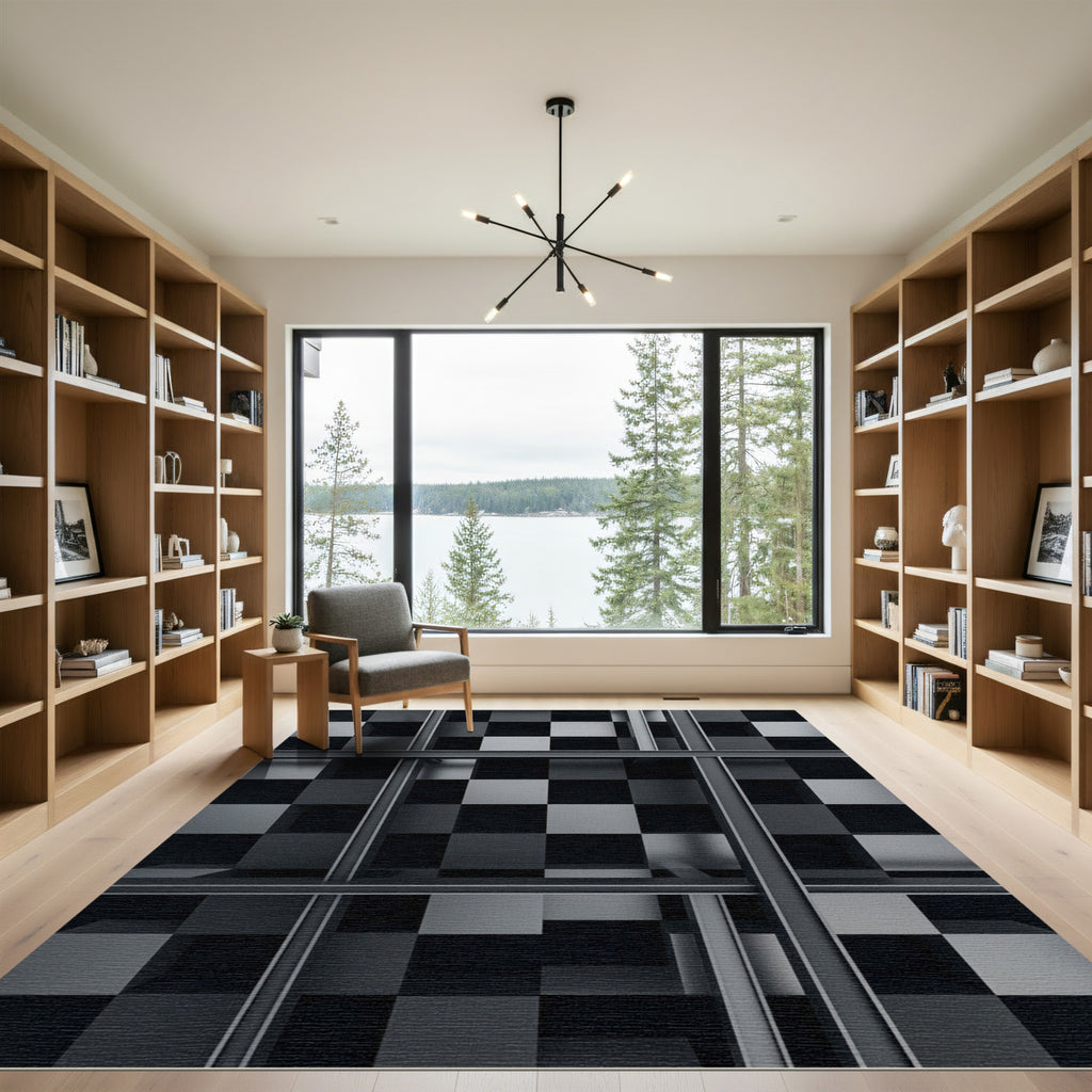 Monochrome Gray Grid Checkerboard Illusion Rug