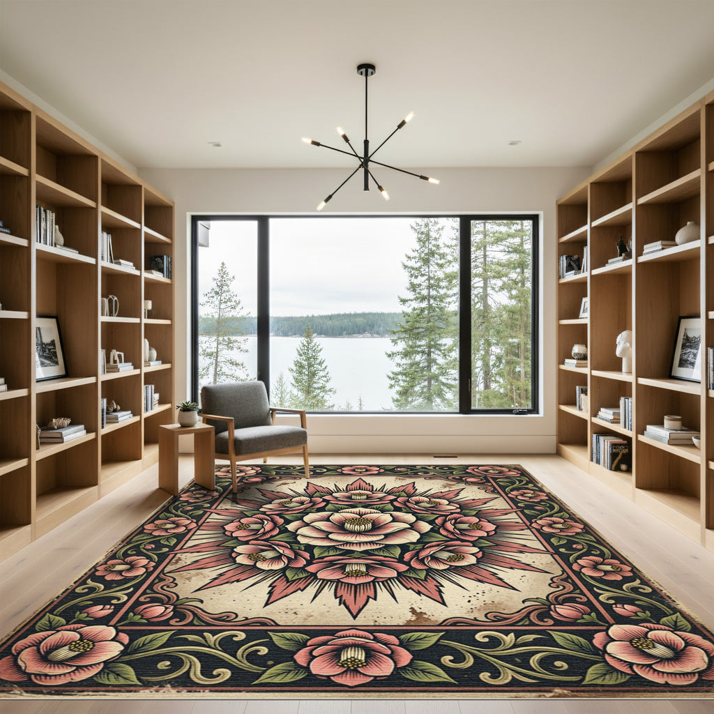 Vintage Pink Floral Camellia Medallion Rug