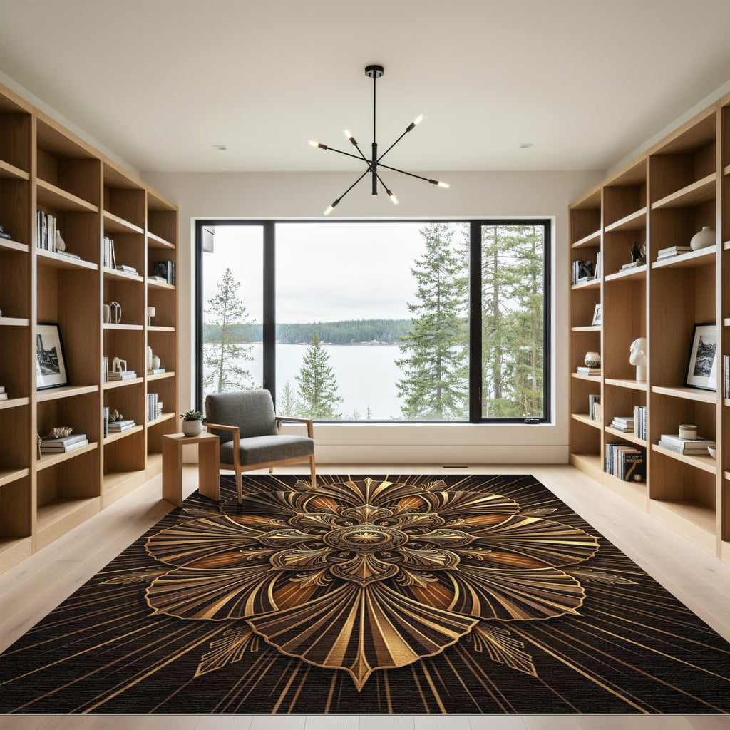Golden Art Deco Sunburst Medallion Rug