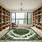 Elegant Sage Shell Scroll Floral Medallion Rug