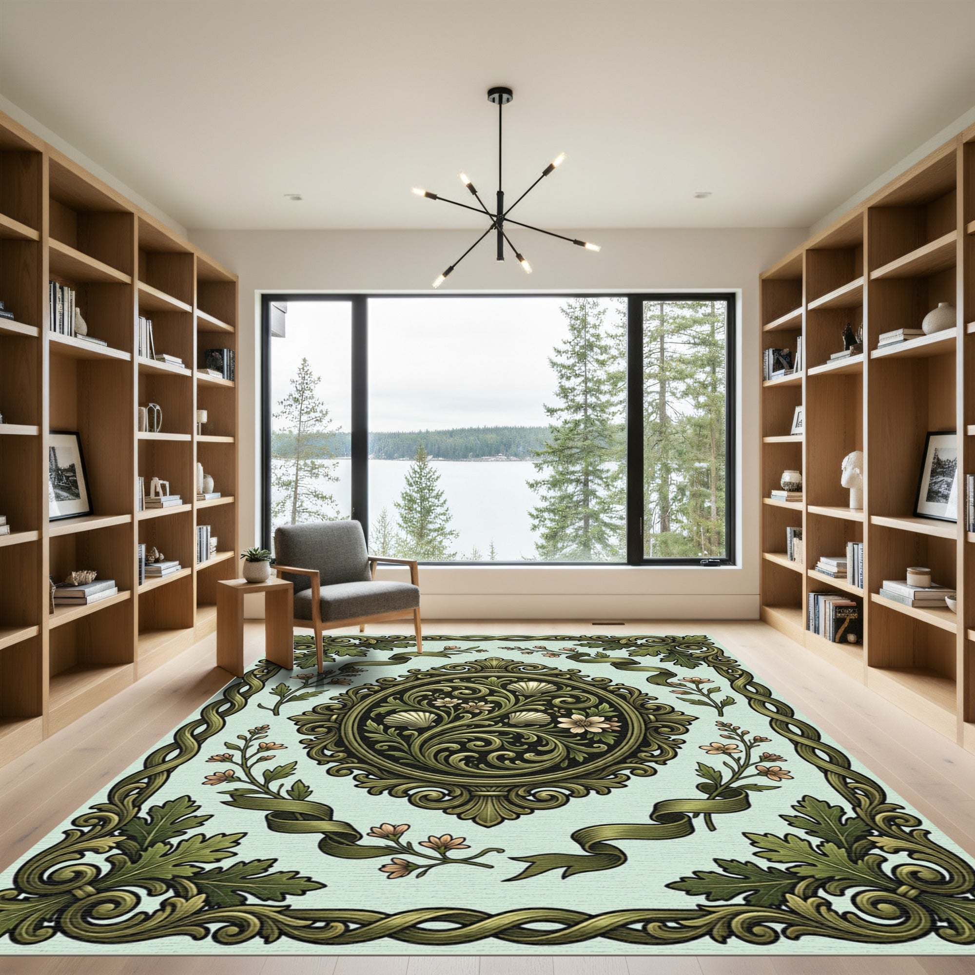 Elegant Sage Shell Scroll Floral Medallion Rug
