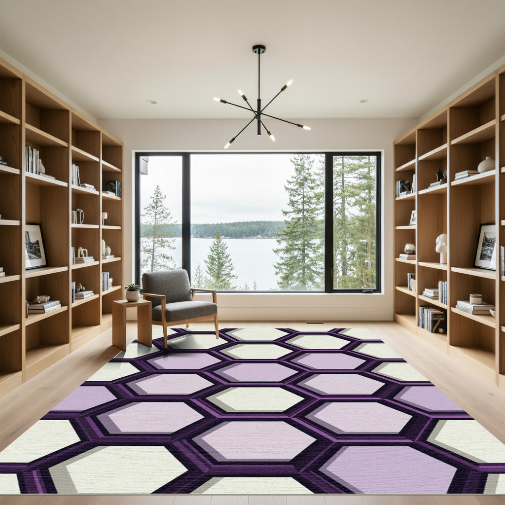 Modern Purple and Cream Hexagon Geometric Rug