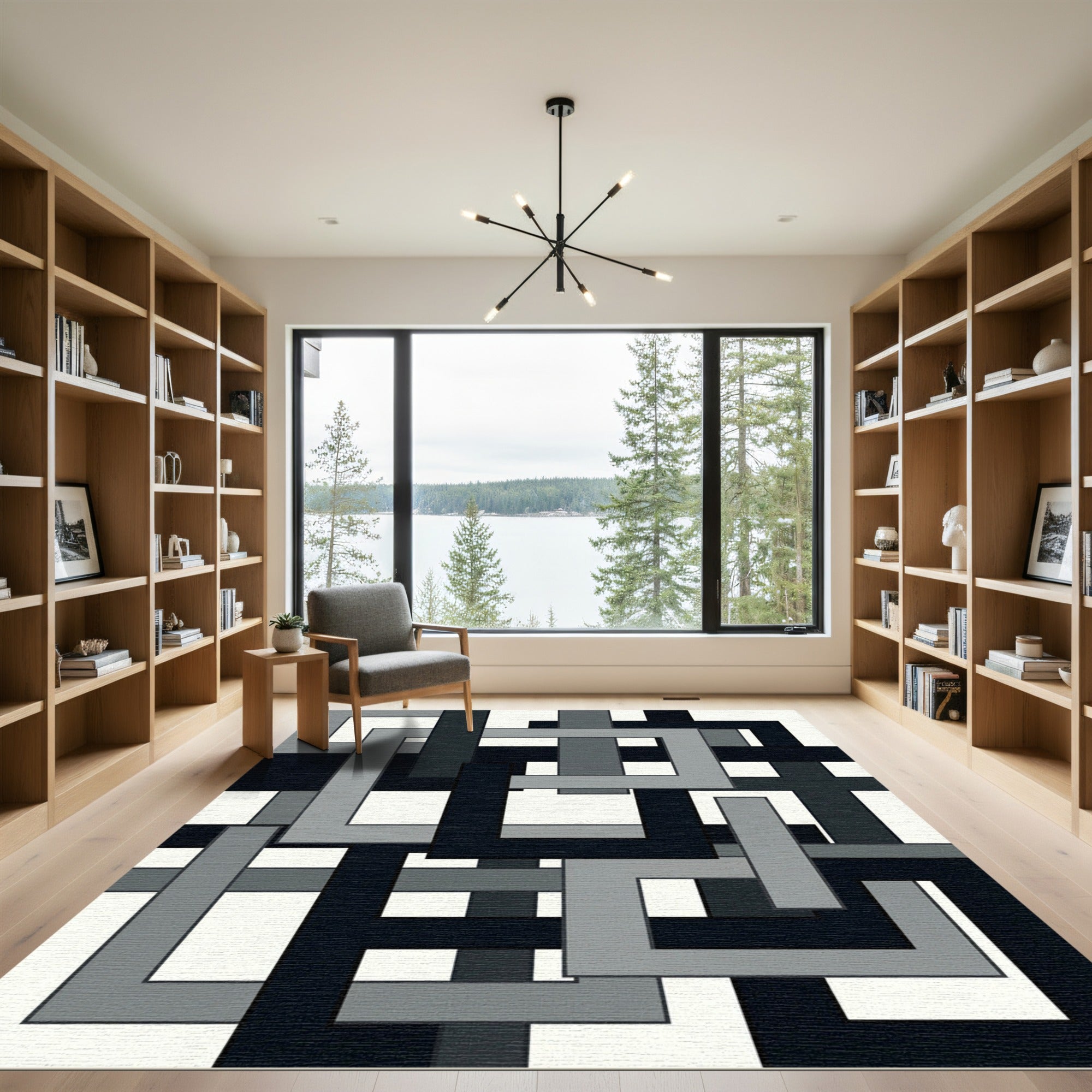 Contemporary Monochrome Interlocking Geometric Square Rug