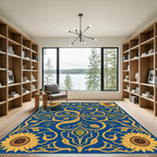 Blue Yellow Sunflower Art Nouveau Rug