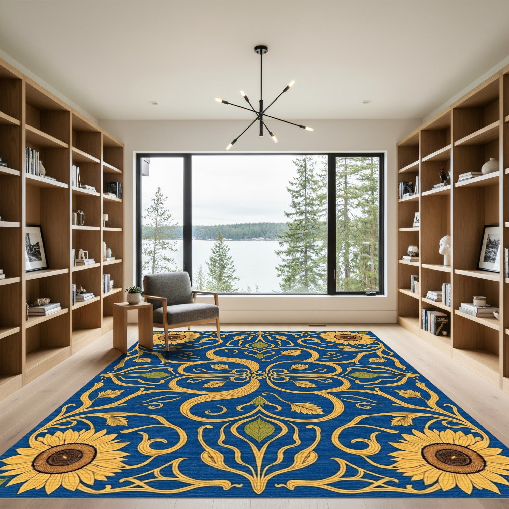 Blue Yellow Sunflower Art Nouveau Rug