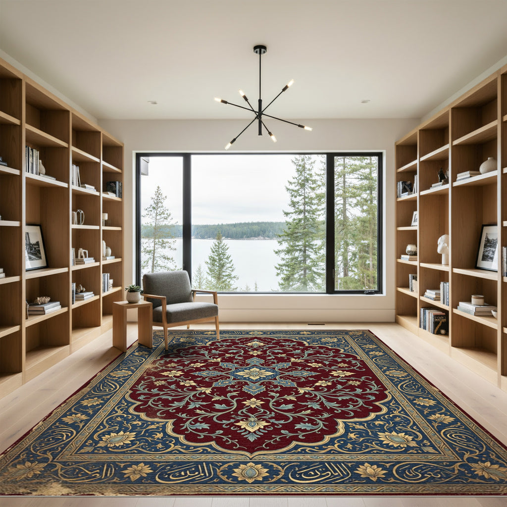 Crimson Blue Golden Medallion Floral Rug
