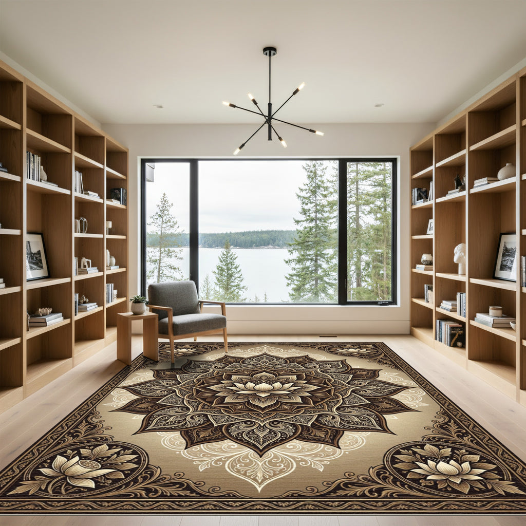 Earthy Bronze Ornate Lotus Medallion Rug