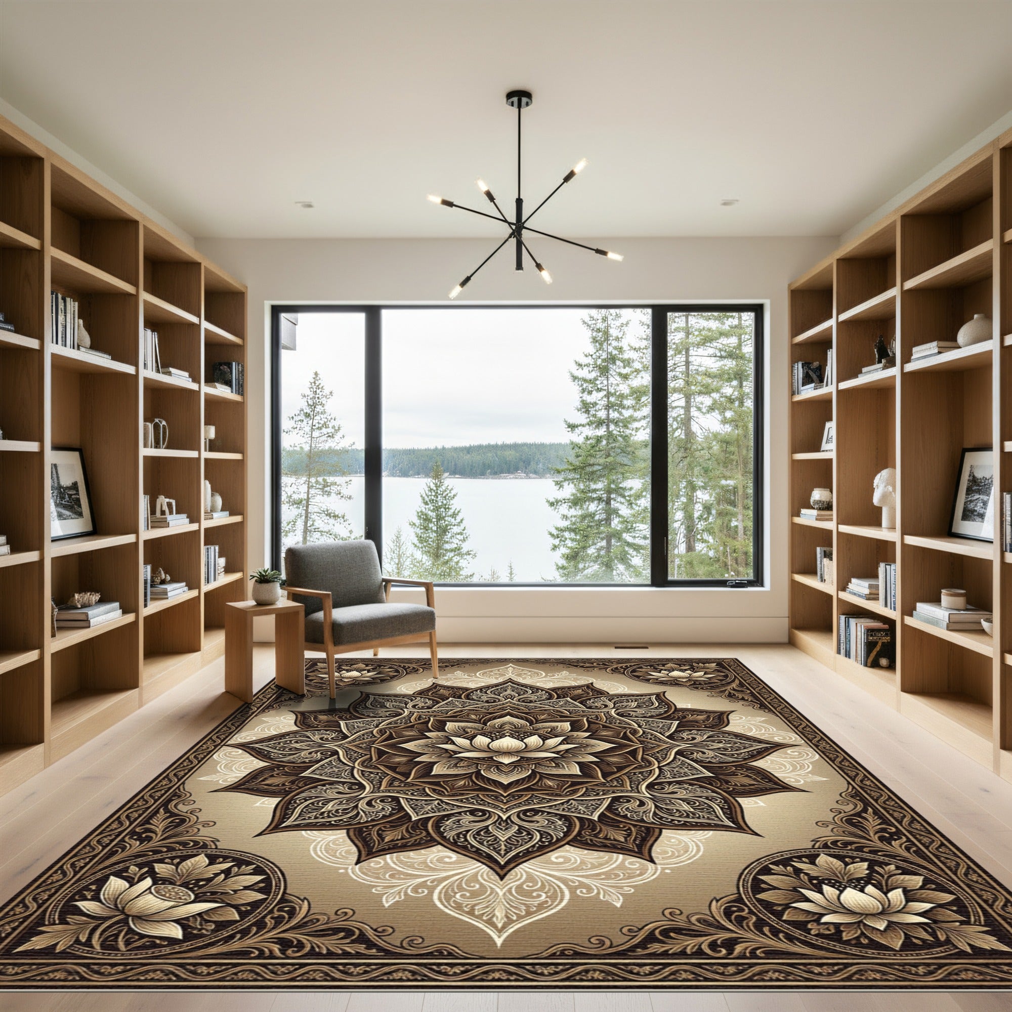 Earthy Bronze Ornate Lotus Medallion Rug