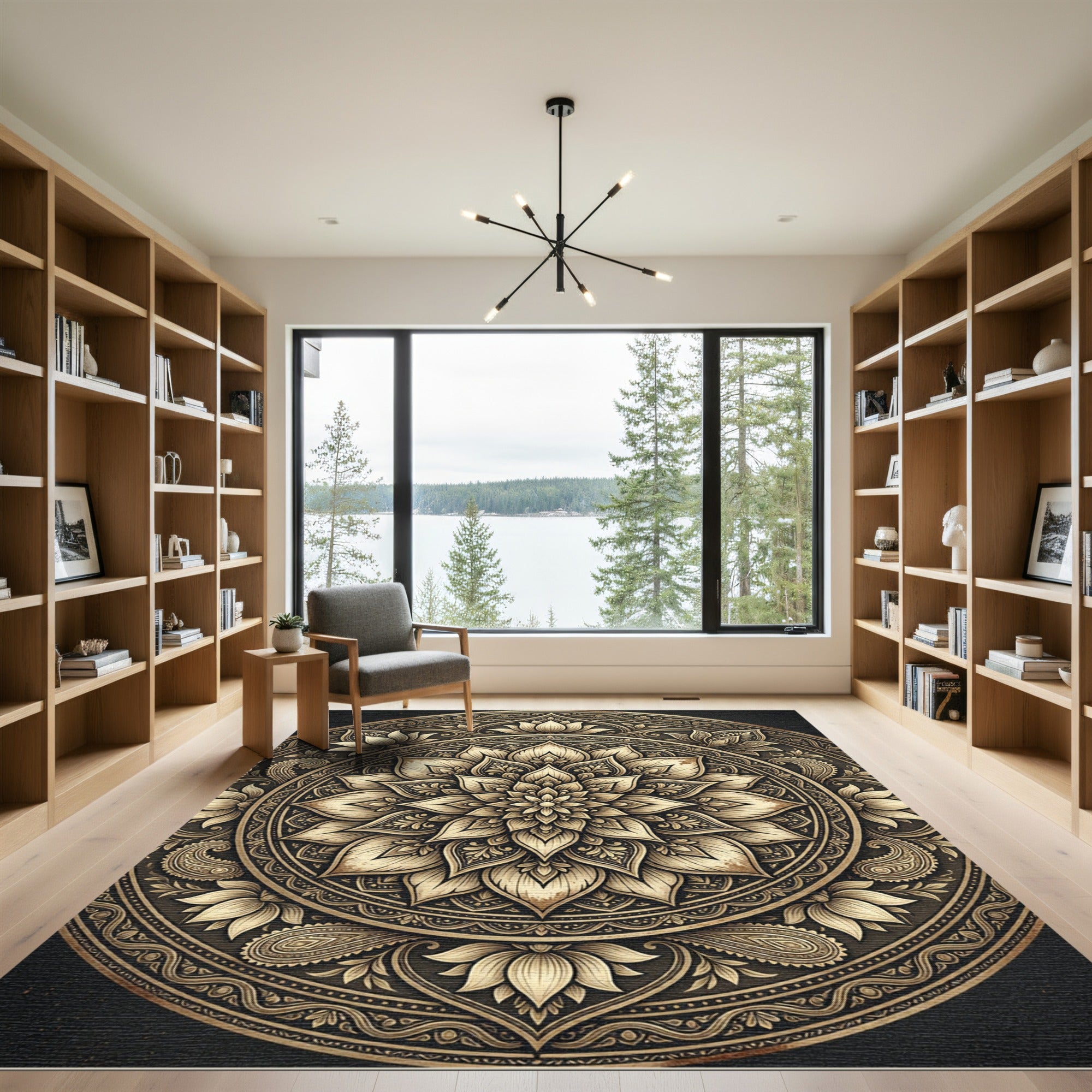 Ornate Golden Lotus Mandala Medallion Rug