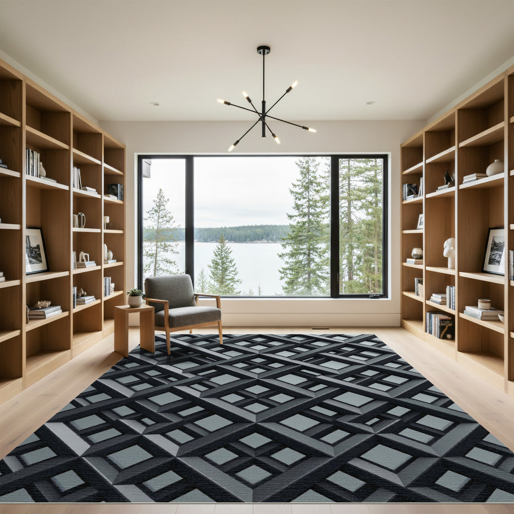 Monochrome Charcoal Geometric Lattice Grid Rug
