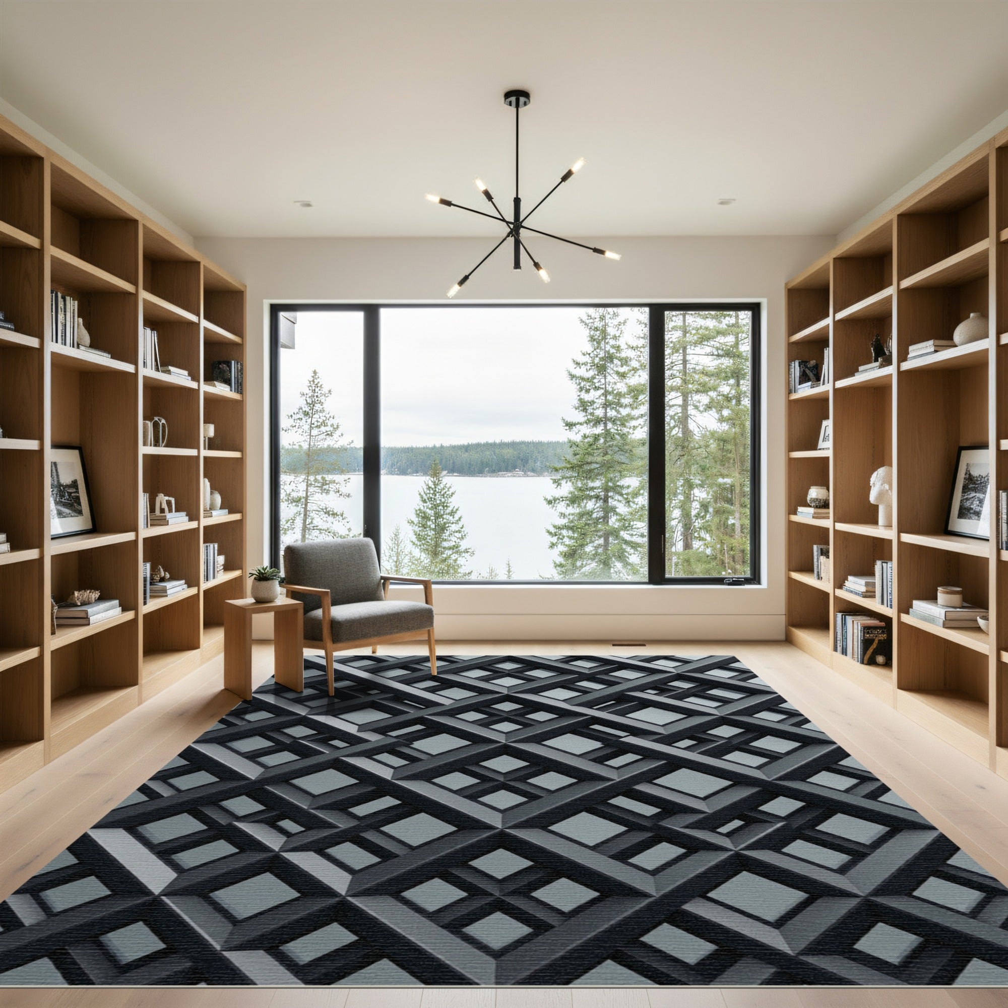 Monochrome Charcoal Geometric Lattice Grid Rug