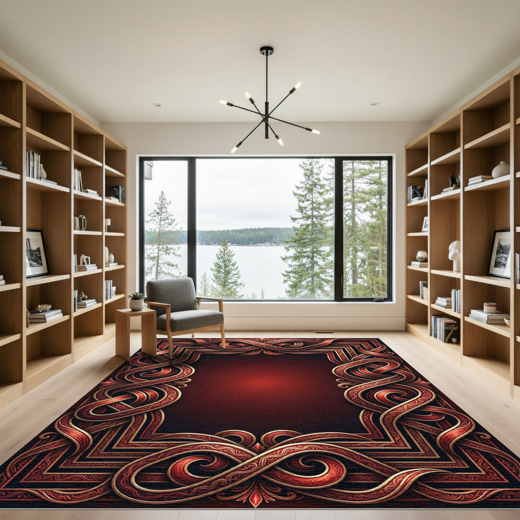 Rich Red Gold Interlocking Knot Frame Rug
