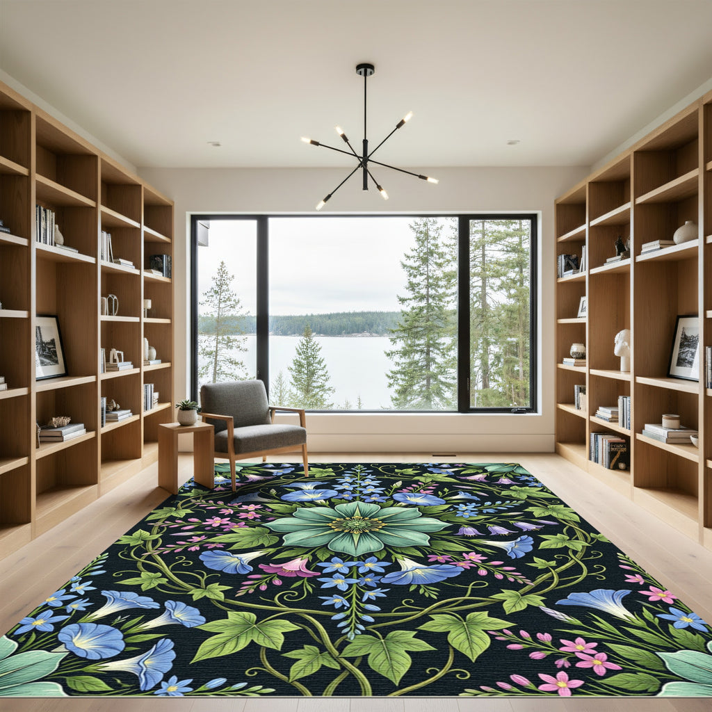 Botanical Azure Floral Symmetry Round Area Rug