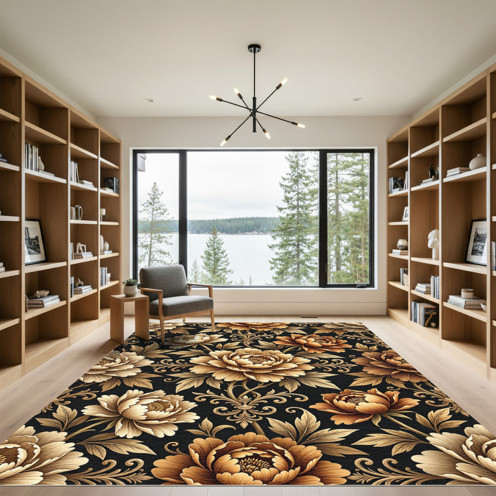 Golden Peony Floral Scroll Black Rug