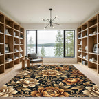 Golden Peony Floral Scroll Black Rug