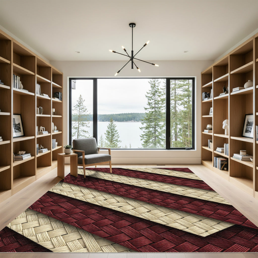 Crimson Ivory Diagonal Weave Texture Rug