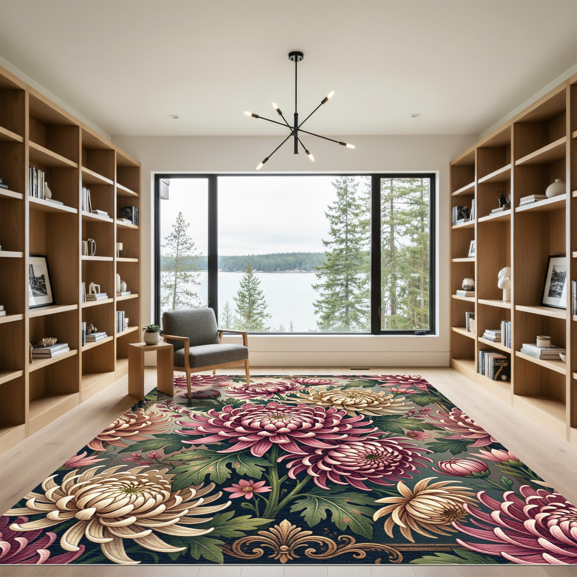 Blush and Cream Chrysanthemum Botanical Art Rug
