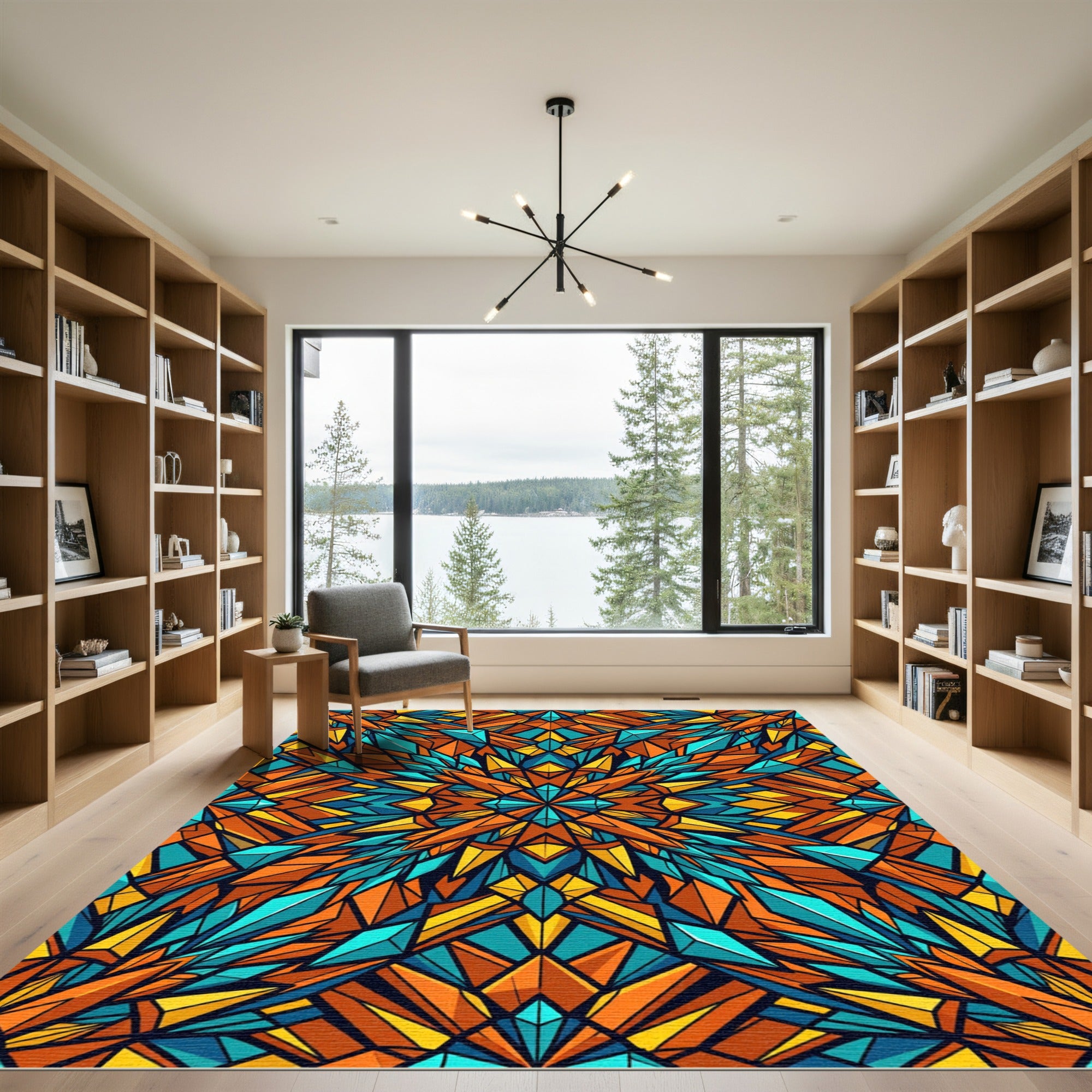 Vibrant Geometric Kaleidoscope Orange Teal Rug