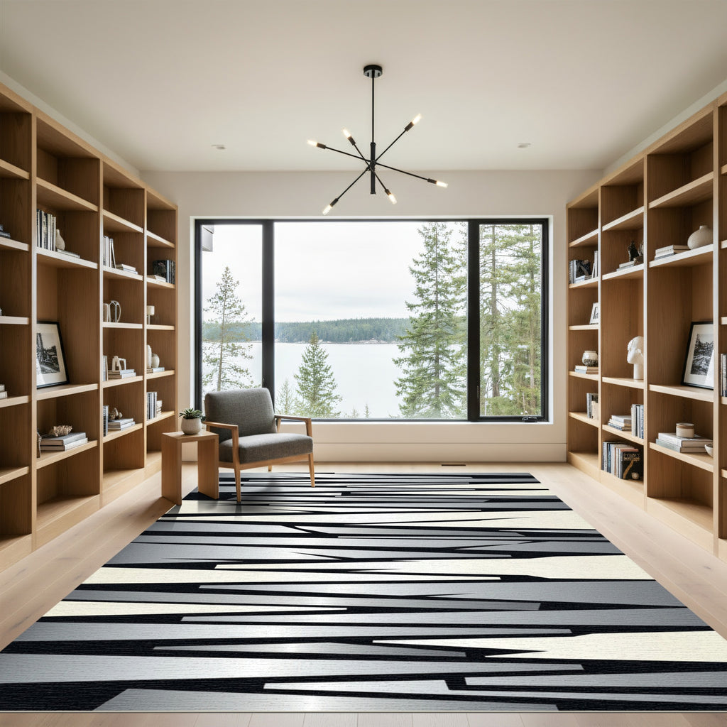Monochromatic Silver Abstract Geometric Sharp Strips Rug