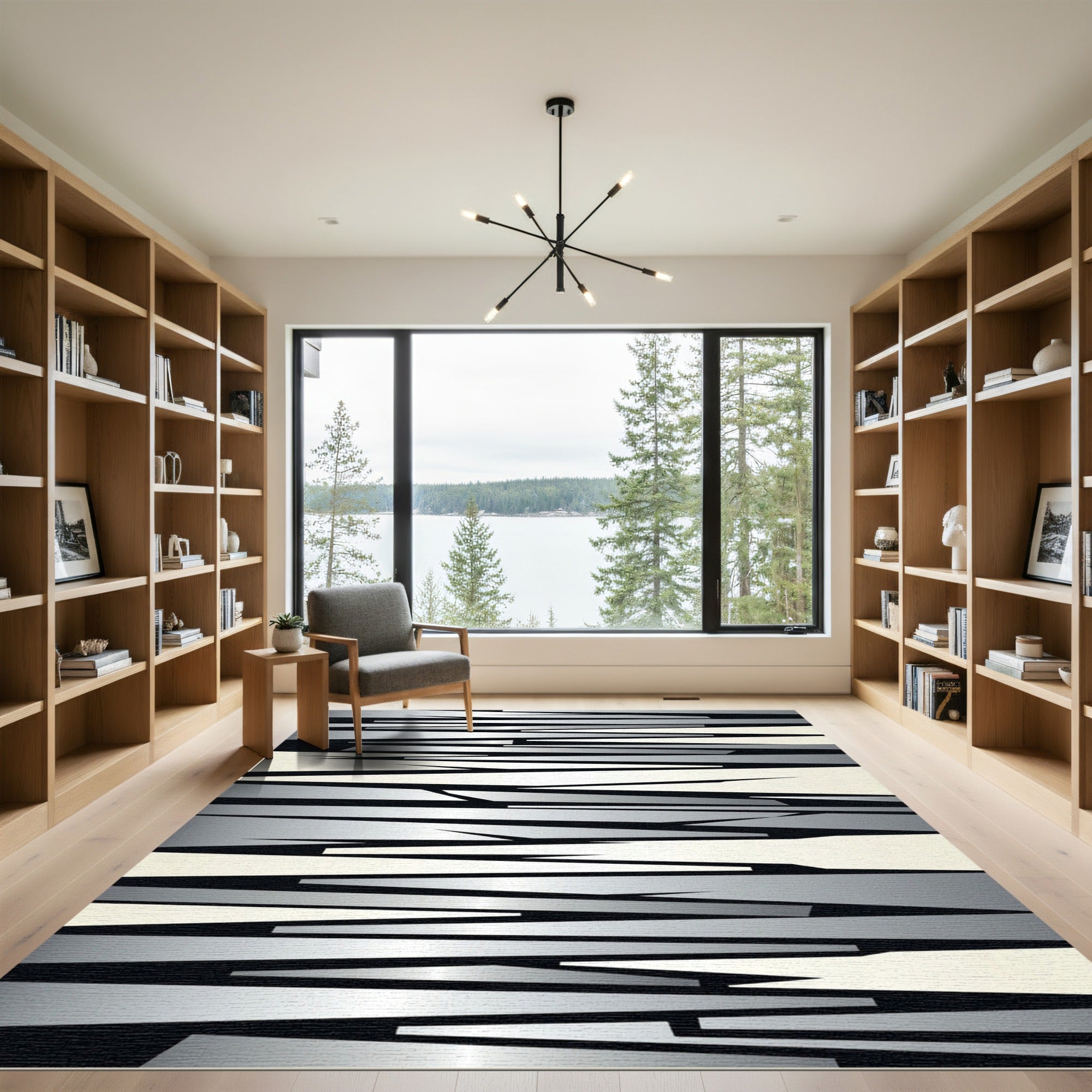 Monochromatic Silver Abstract Geometric Sharp Strips Rug