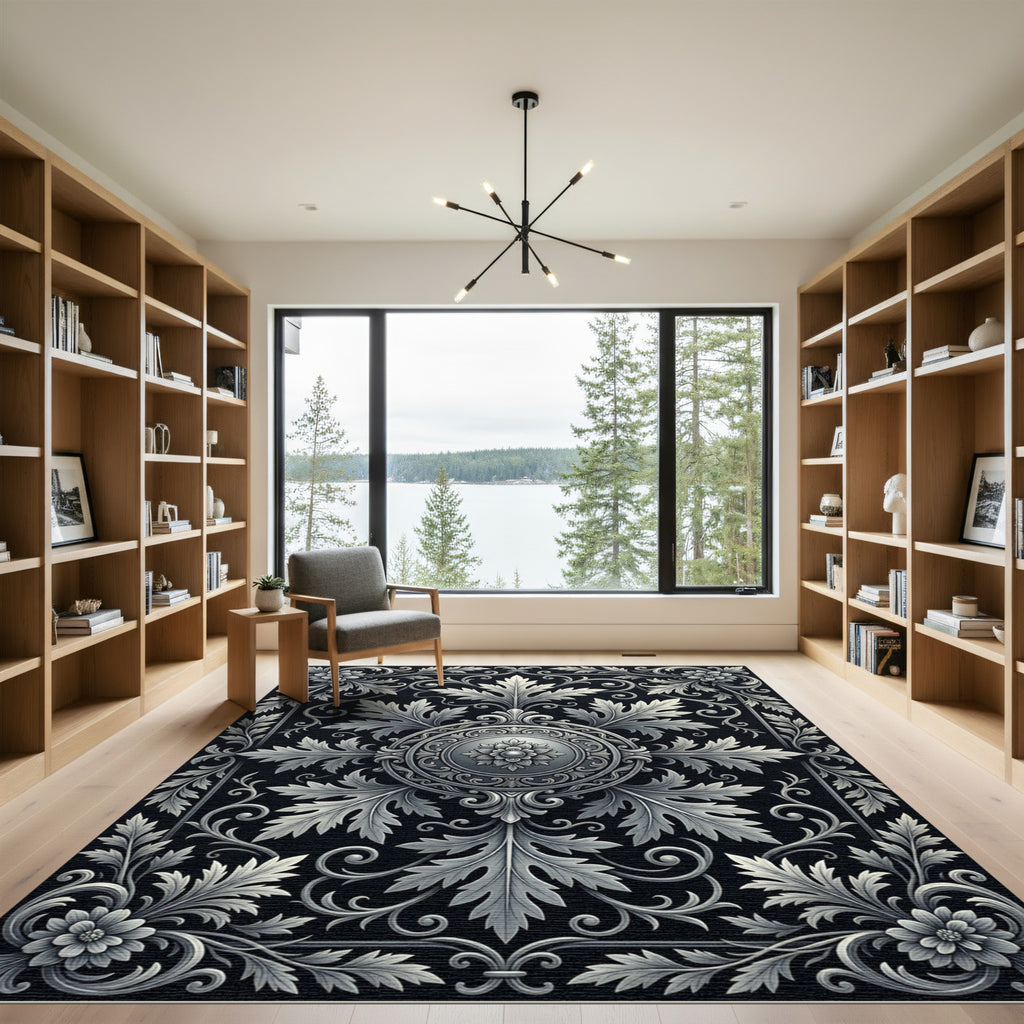 Ornate Floral Scrollwork Black Metallic Rug