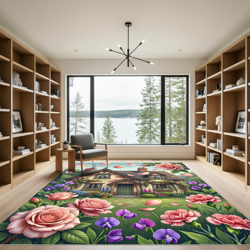 English Cottage Rose Garden Scene Rug