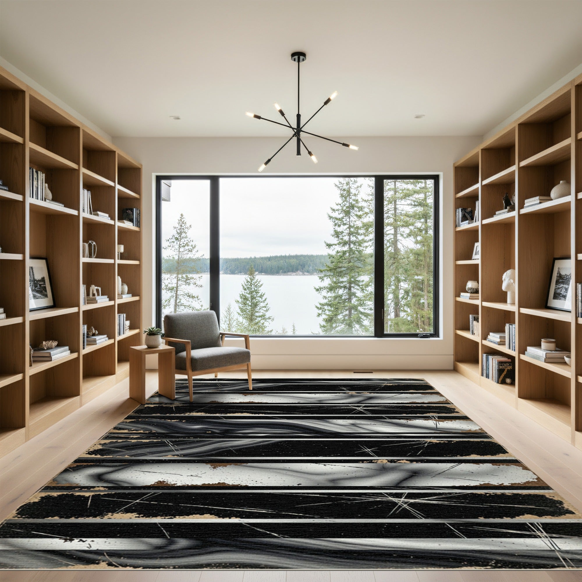 Monochrome Grunge Striped Abstract Rug