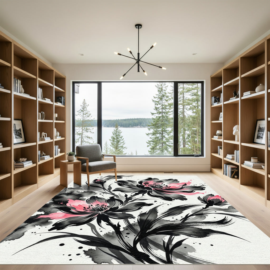 Pink and Black Floral Ink Wash Rug