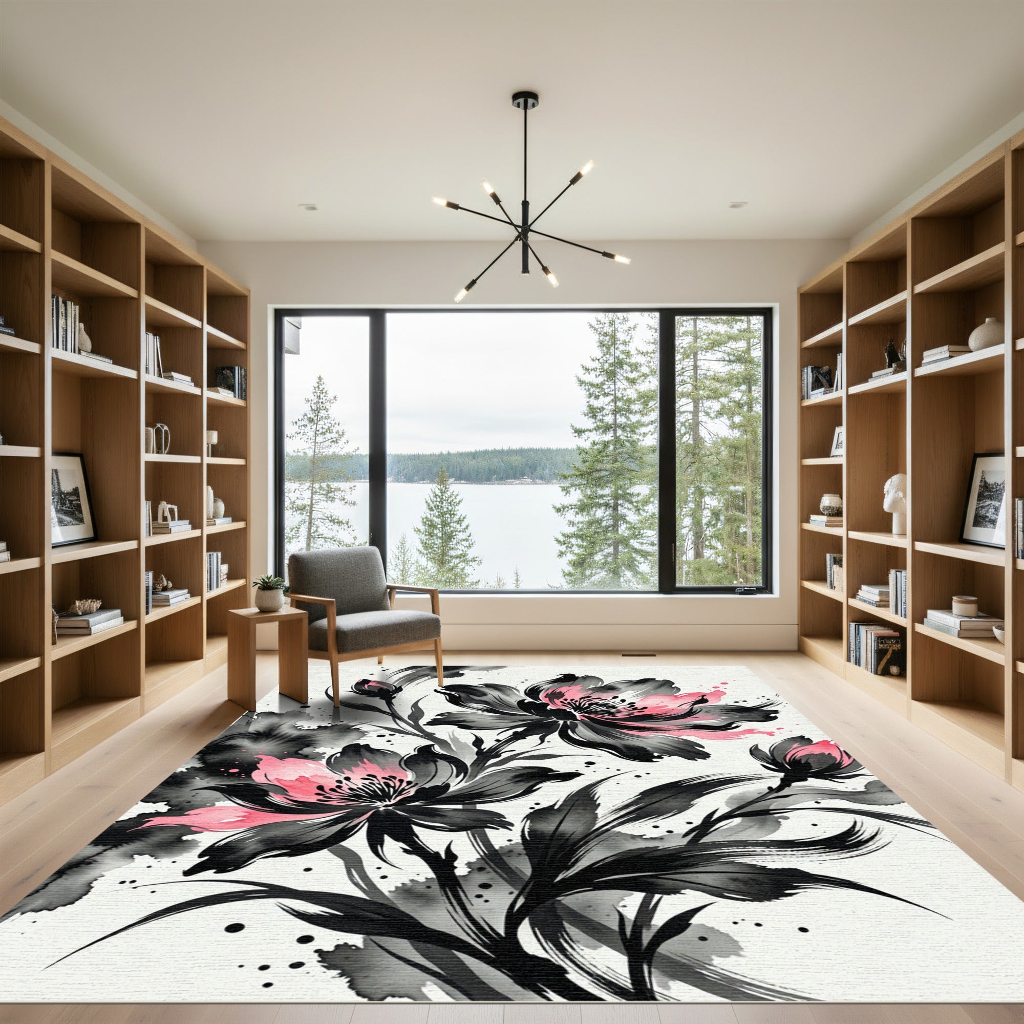 Pink and Black Floral Ink Wash Rug