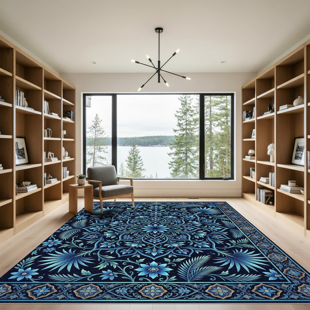 Elegant Indigo Floral Mandala Medallion Rug