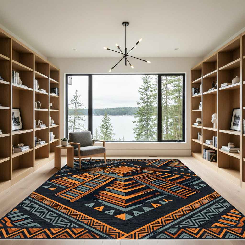 Earthy Orange Aztec Pyramid Geometric Art Rug