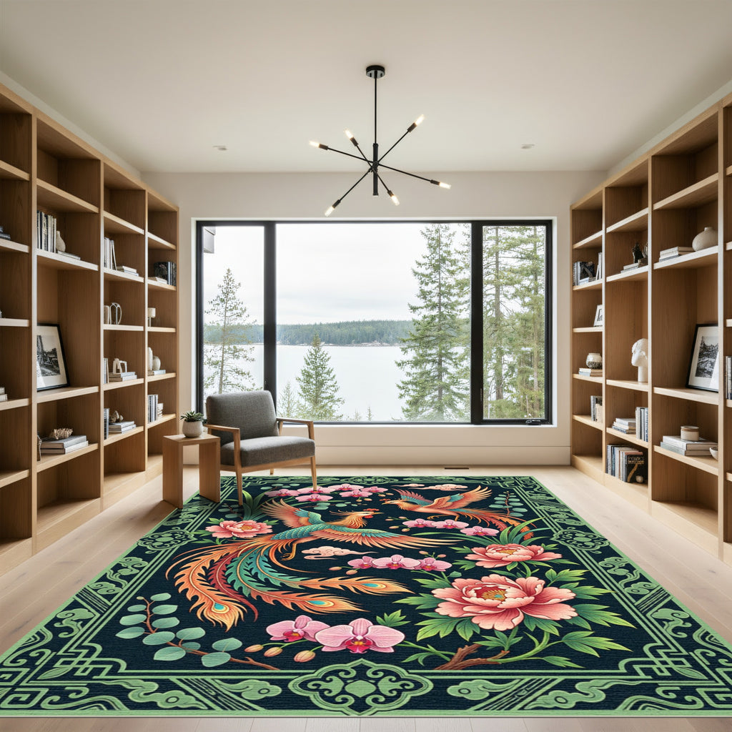 Ornate Phoenix Peony Floral Jade Border Rug