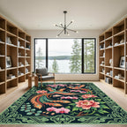 Ornate Phoenix Peony Floral Jade Border Rug