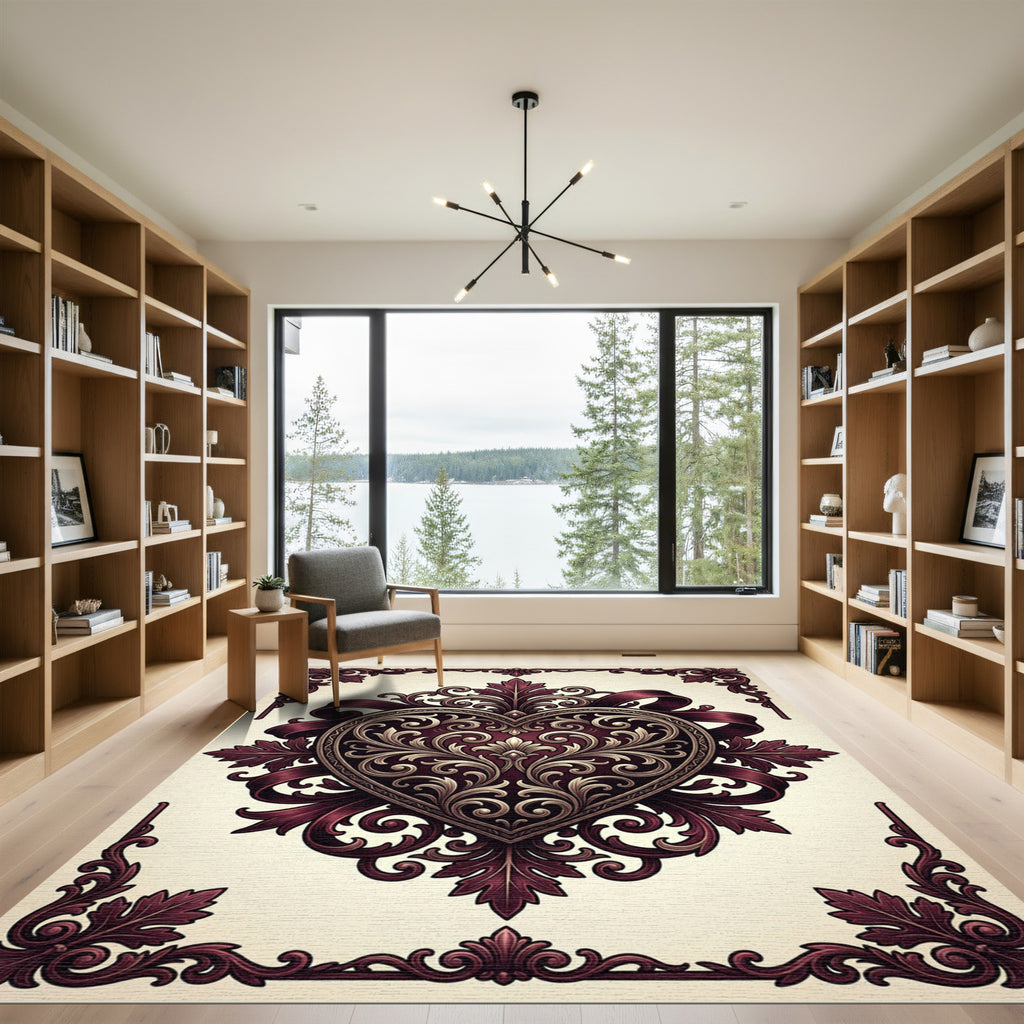 Ornate Burgundy Heart Damask Accent Rug