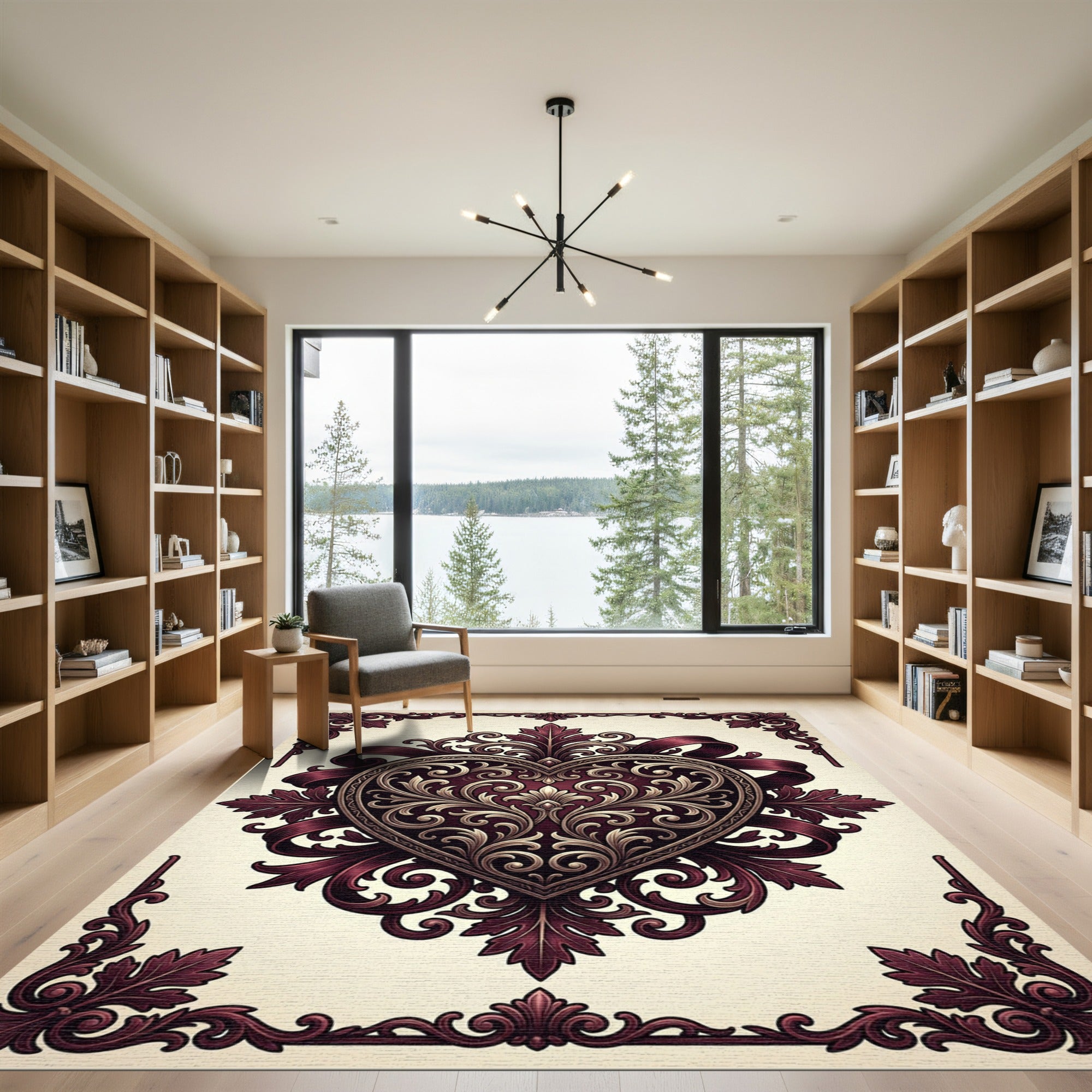 Ornate Burgundy Heart Damask Accent Rug