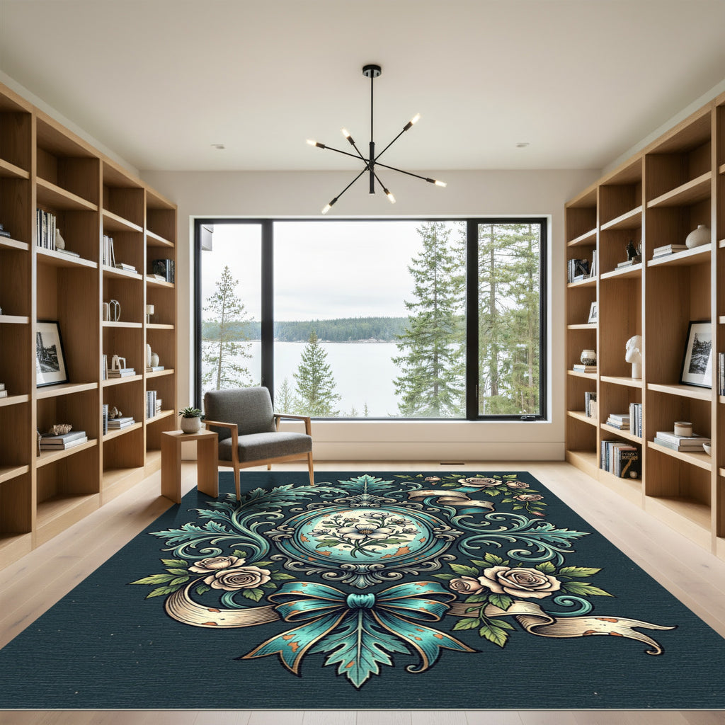 Elegant Teal Rose Floral Cameo Rug