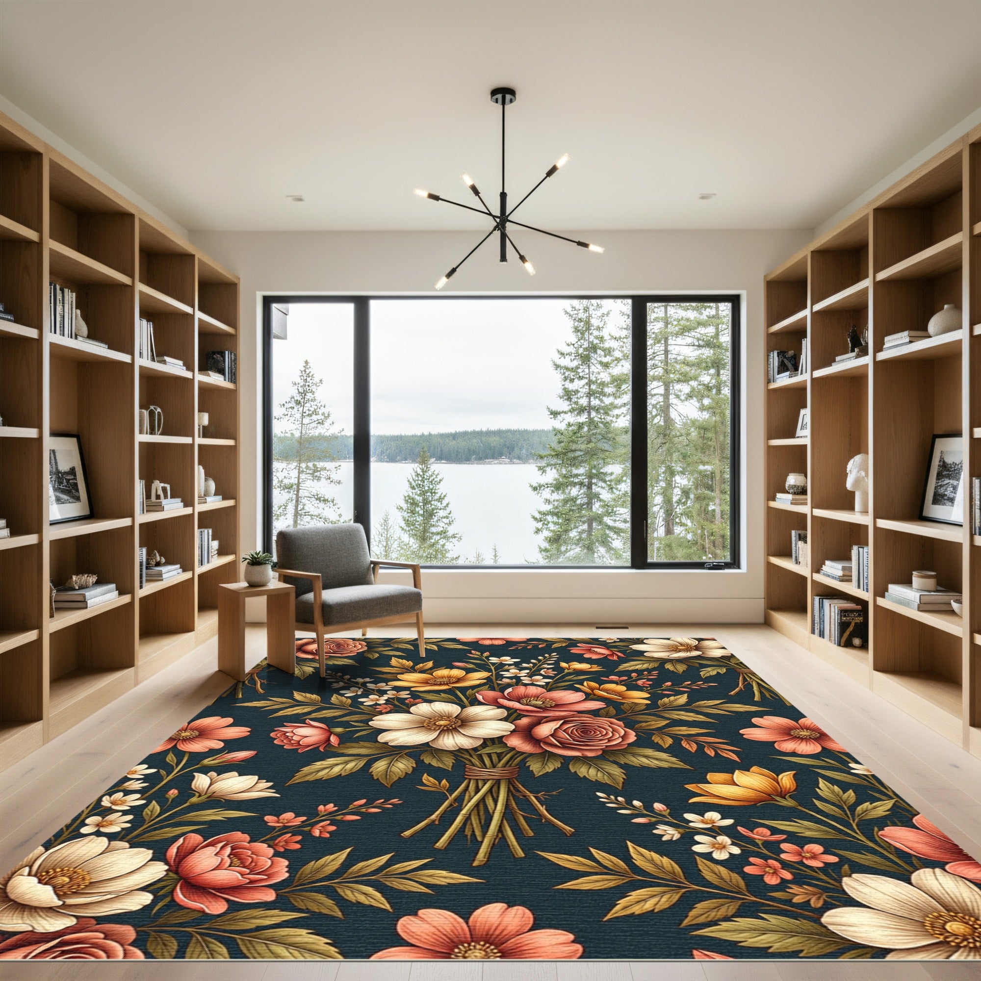 Coral Rose Garden Botanical Wallpaper Rug