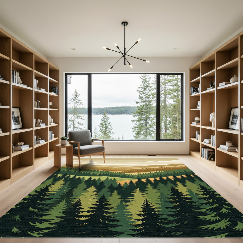 Earthy Pine Forest Mountain Valley Rug